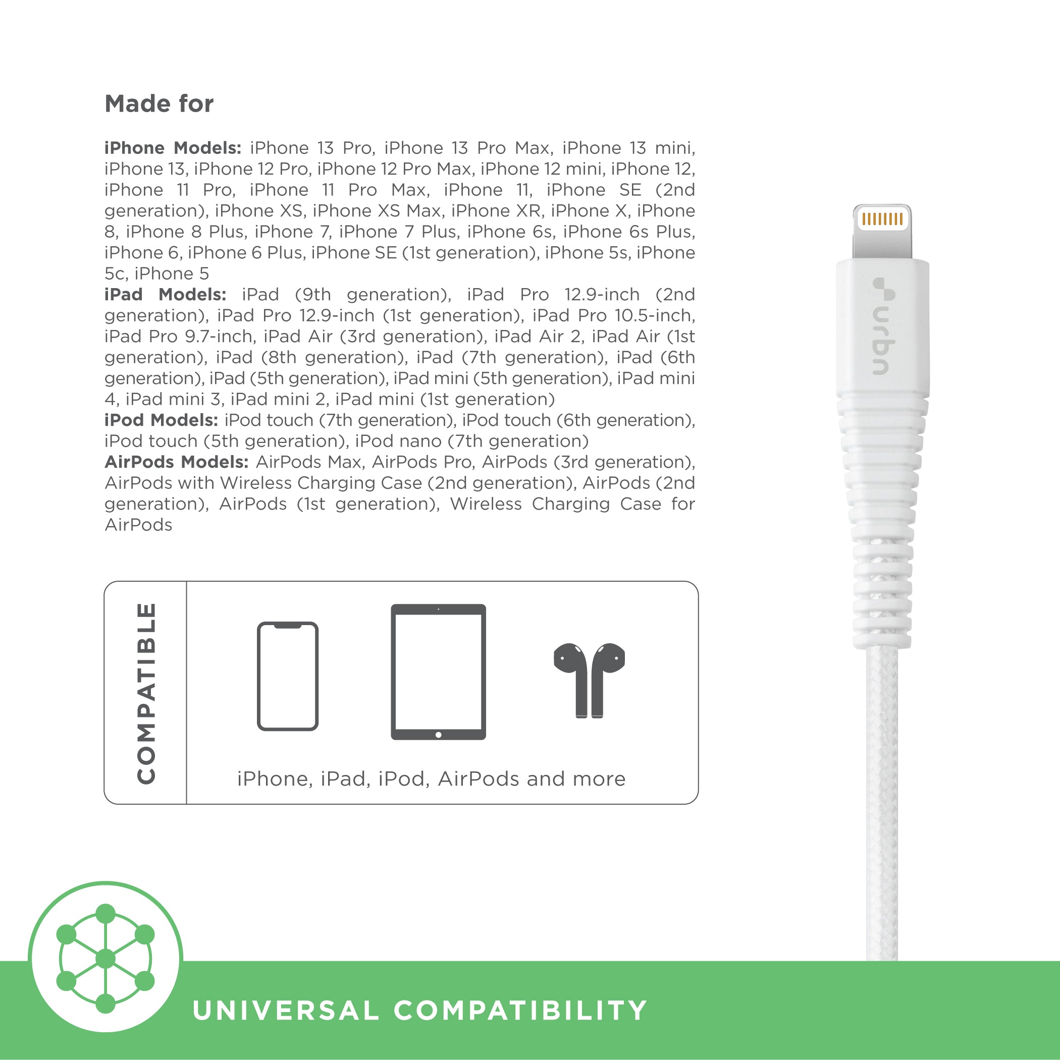 URBN LTG Nylon Braided Apple Certified Lightning to USB Charge and Sync Extra Tough Cable, 4 Feet (1.2 Meters)